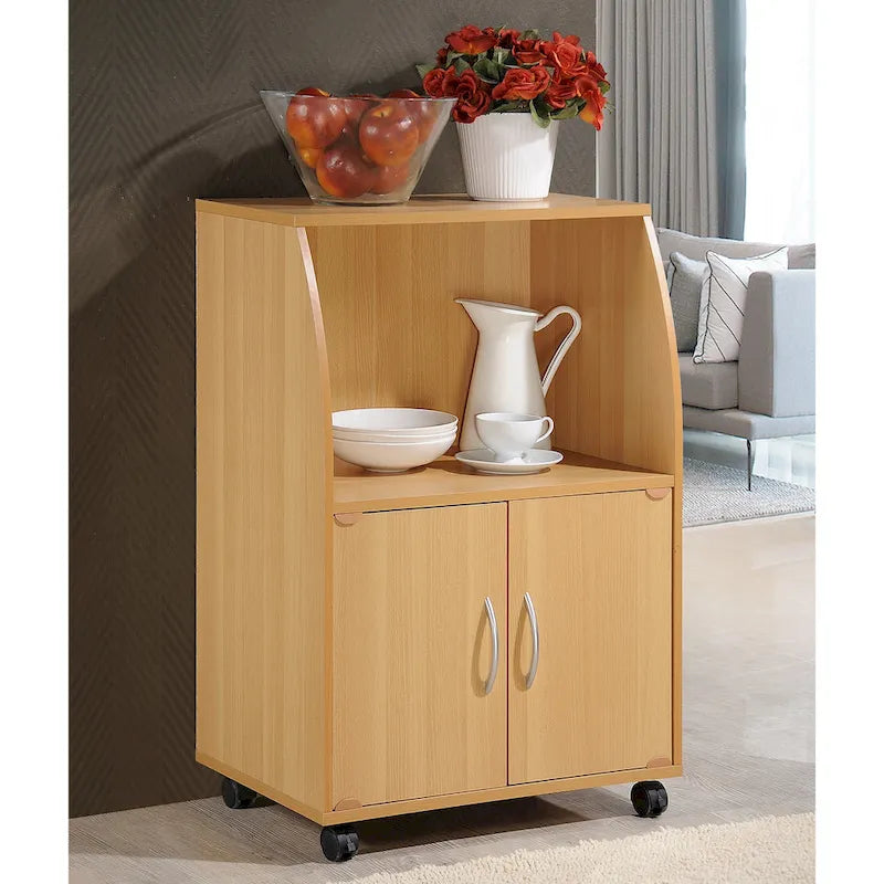 Desserte de cuisine en bois sur roulettes avec placard de rangement pour micro-ondes