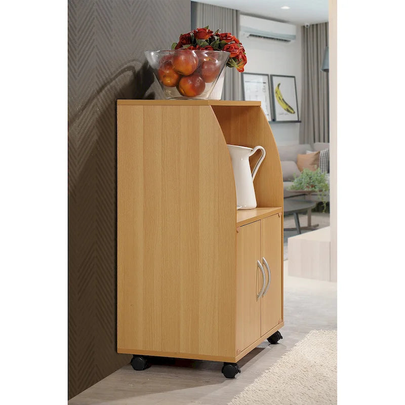 Desserte de cuisine en bois sur roulettes avec placard de rangement pour micro-ondes