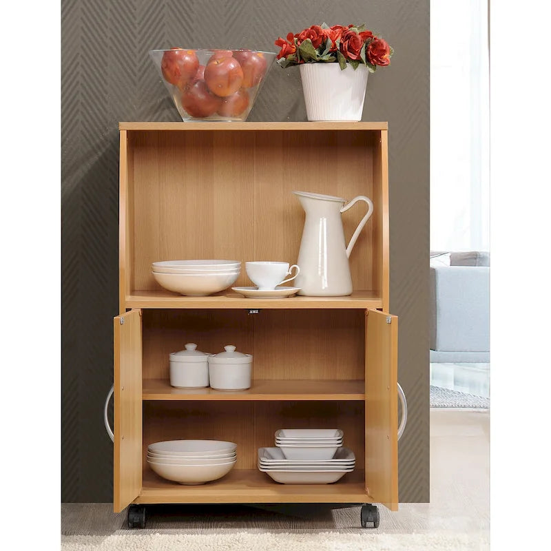 Desserte de cuisine en bois sur roulettes avec placard de rangement pour micro-ondes