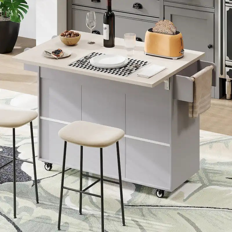 Kitchen Island with Trash Can and Drop Leaf Countertop on Wheels