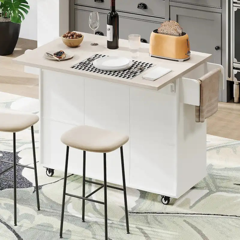 Kitchen Island with Trash Can and Drop Leaf Countertop on Wheels
