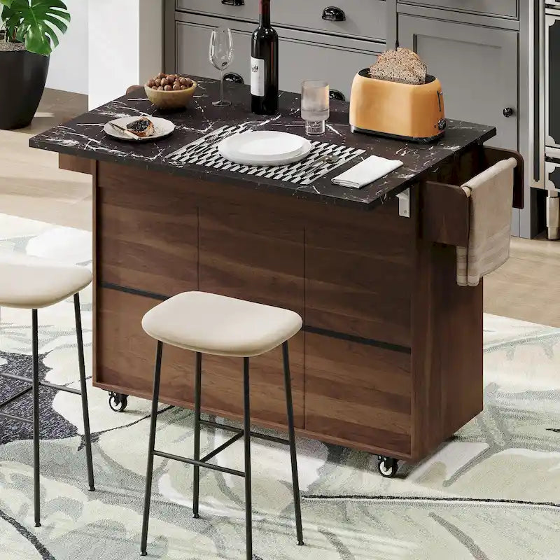 Kitchen Island with Trash Can and Drop Leaf Countertop on Wheels