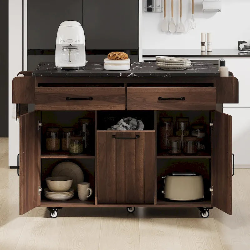 Kitchen Island with Trash Can and Drop Leaf Countertop on Wheels