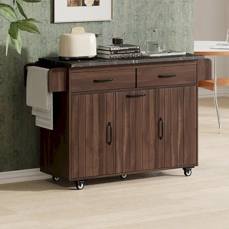 Kitchen Island with Trash Can and Drop Leaf Countertop on Wheels