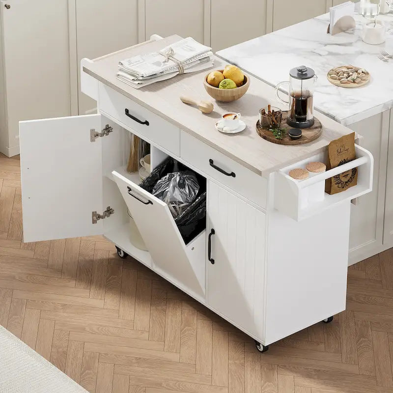Kitchen Island with Trash Can and Drop Leaf Countertop on Wheels