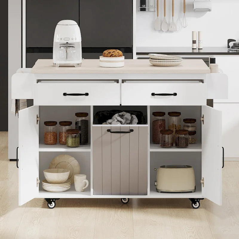 Kitchen Island with Trash Can and Drop Leaf Countertop on Wheels