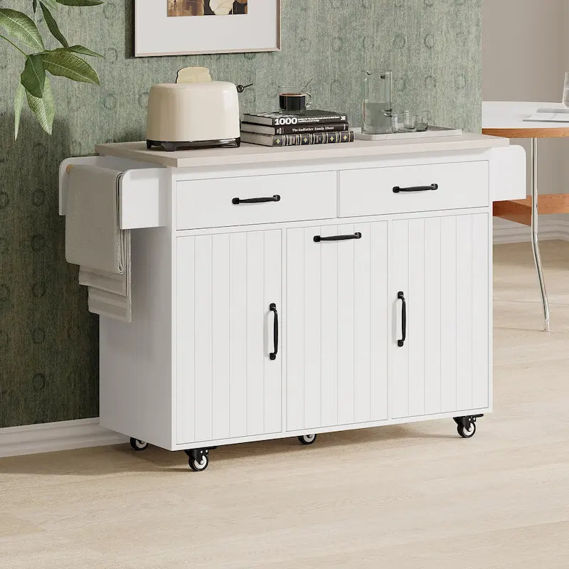 Kitchen Island with Trash Can and Drop Leaf Countertop on Wheels