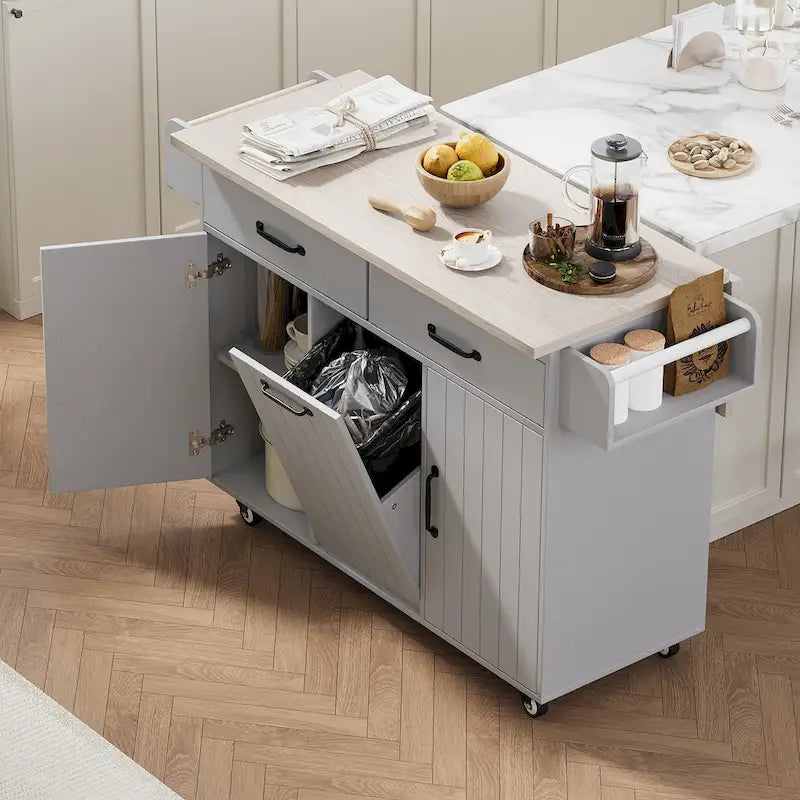 Kitchen Island with Trash Can and Drop Leaf Countertop on Wheels