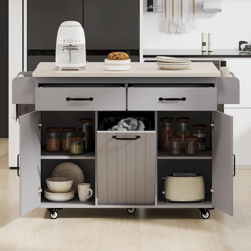 Kitchen Island with Trash Can and Drop Leaf Countertop on Wheels