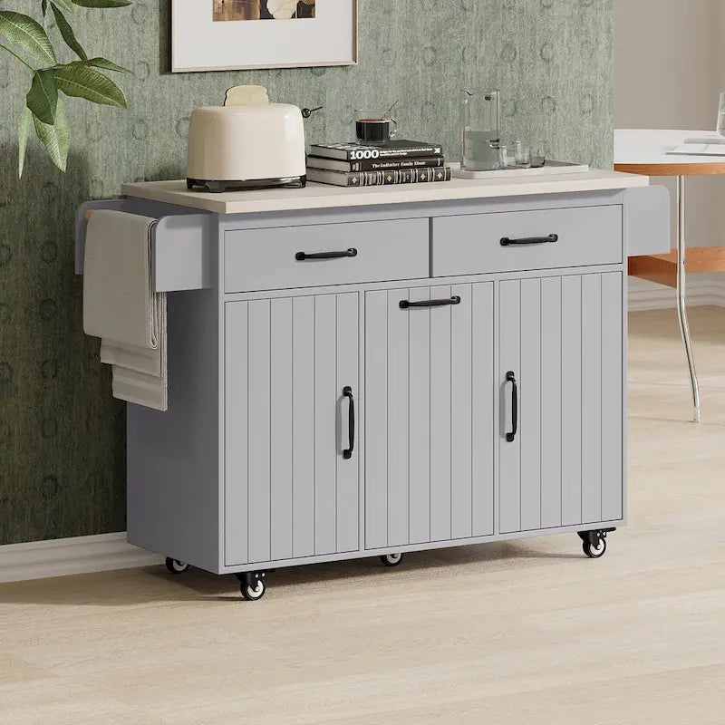 Kitchen Island with Trash Can and Drop Leaf Countertop on Wheels