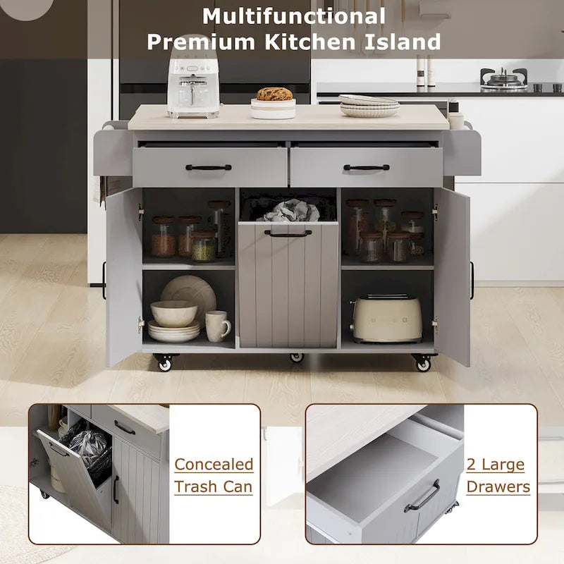Kitchen Island with Trash Can and Drop Leaf Countertop on Wheels