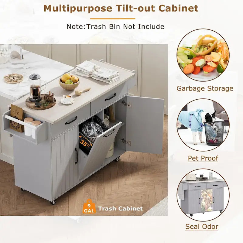 Kitchen Island with Trash Can and Drop Leaf Countertop on Wheels
