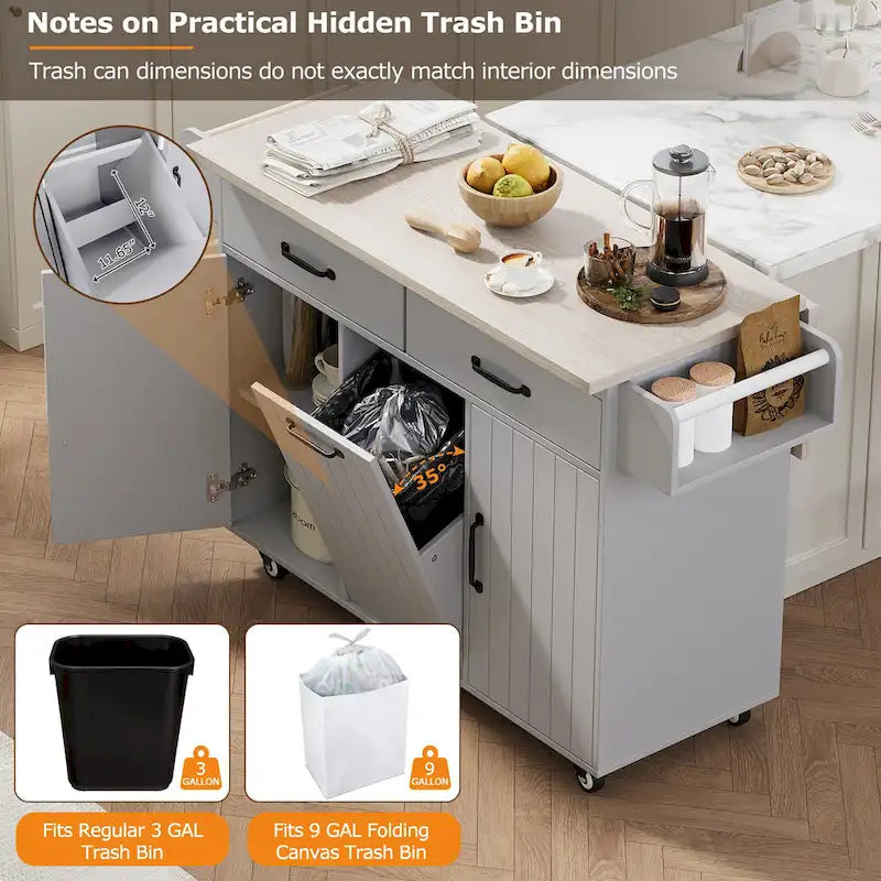 Kitchen Island with Trash Can and Drop Leaf Countertop on Wheels