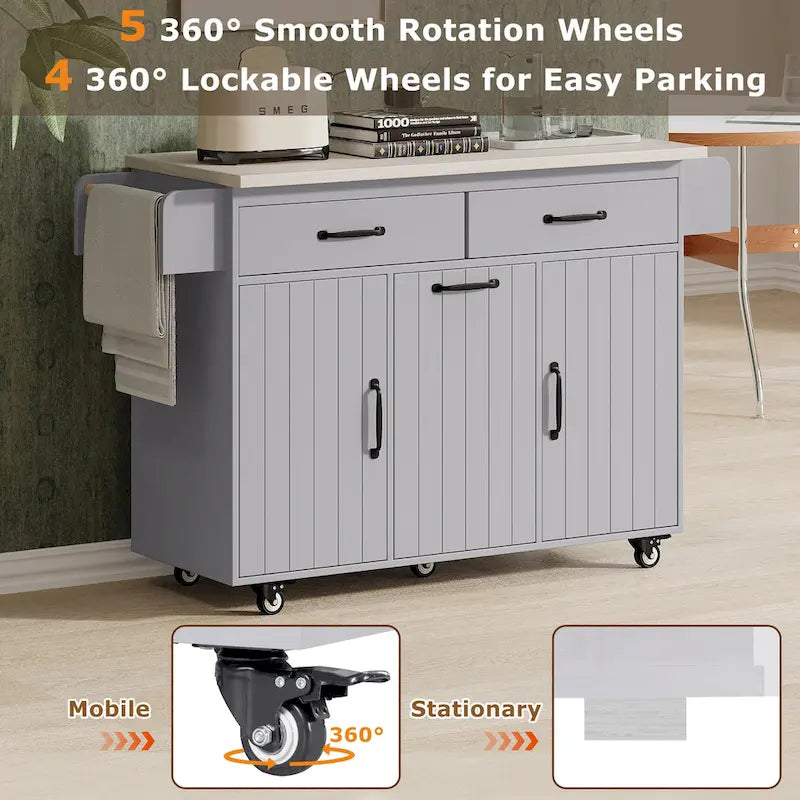 Kitchen Island with Trash Can and Drop Leaf Countertop on Wheels