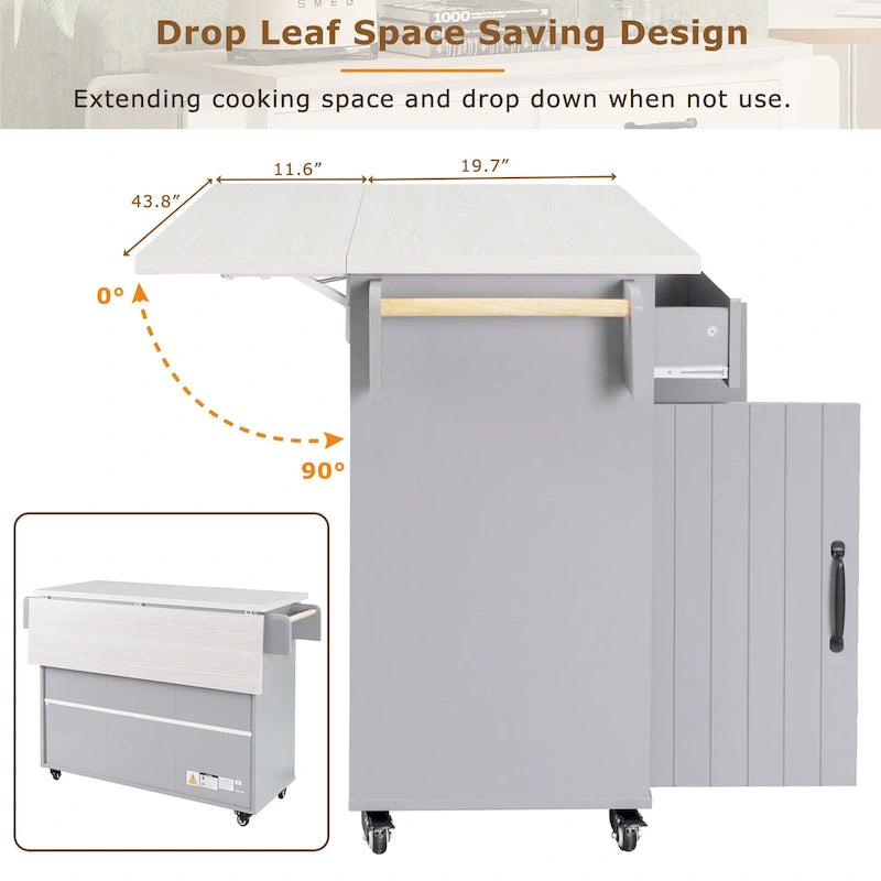 Kitchen Island with Trash Can and Drop Leaf Countertop on Wheels