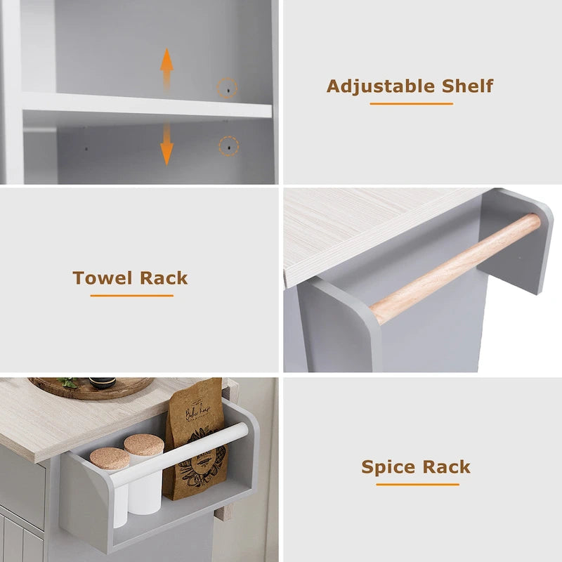 Kitchen Island with Trash Can and Drop Leaf Countertop on Wheels