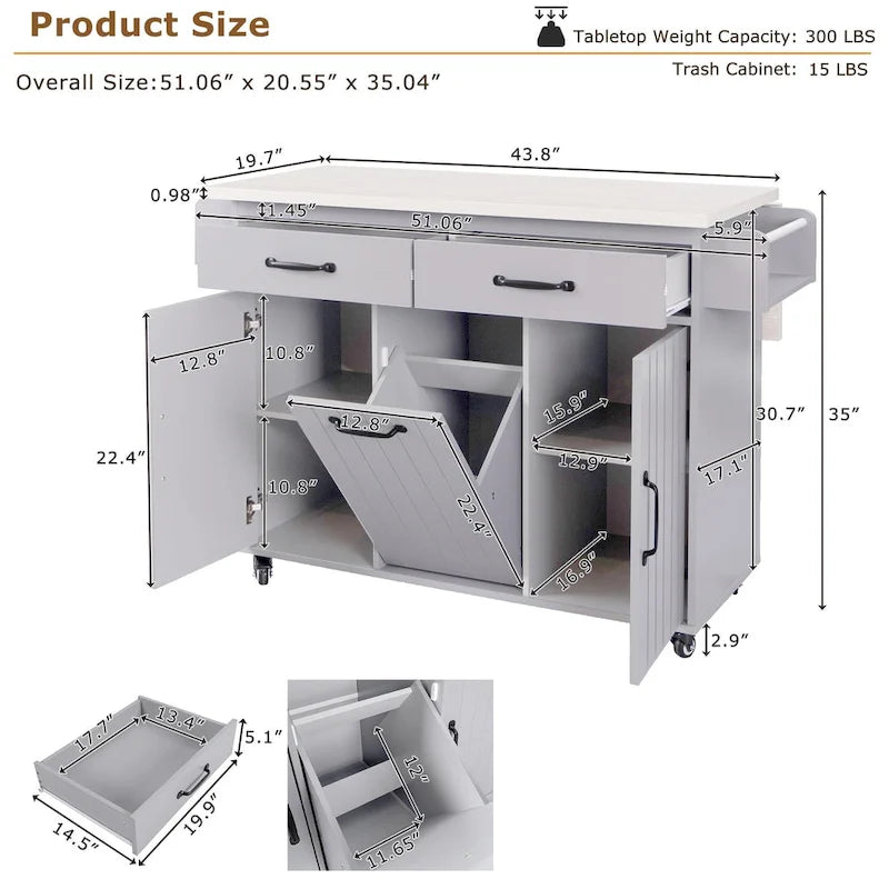 Kitchen Island with Trash Can and Drop Leaf Countertop on Wheels