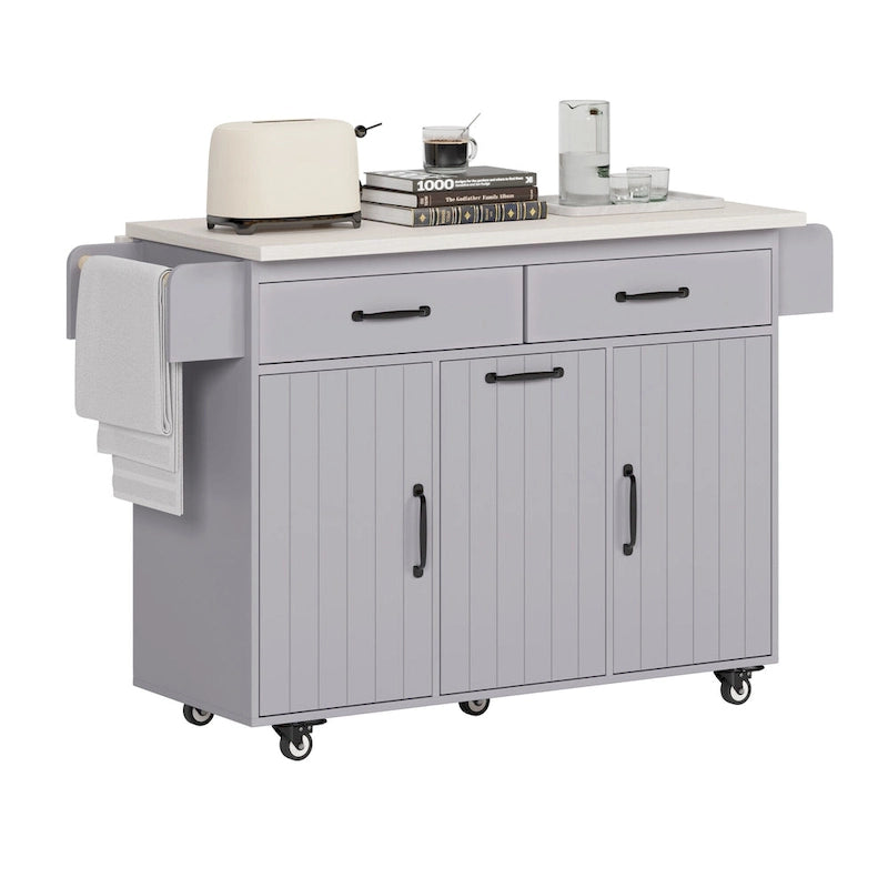 Kitchen Island with Trash Can and Drop Leaf Countertop on Wheels