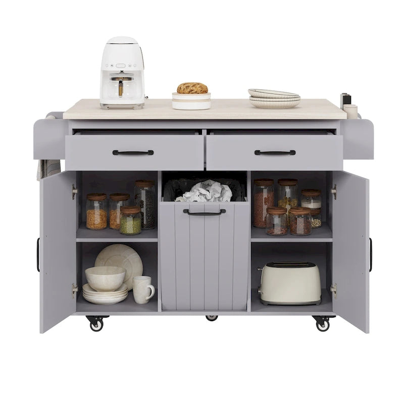 Kitchen Island with Trash Can and Drop Leaf Countertop on Wheels