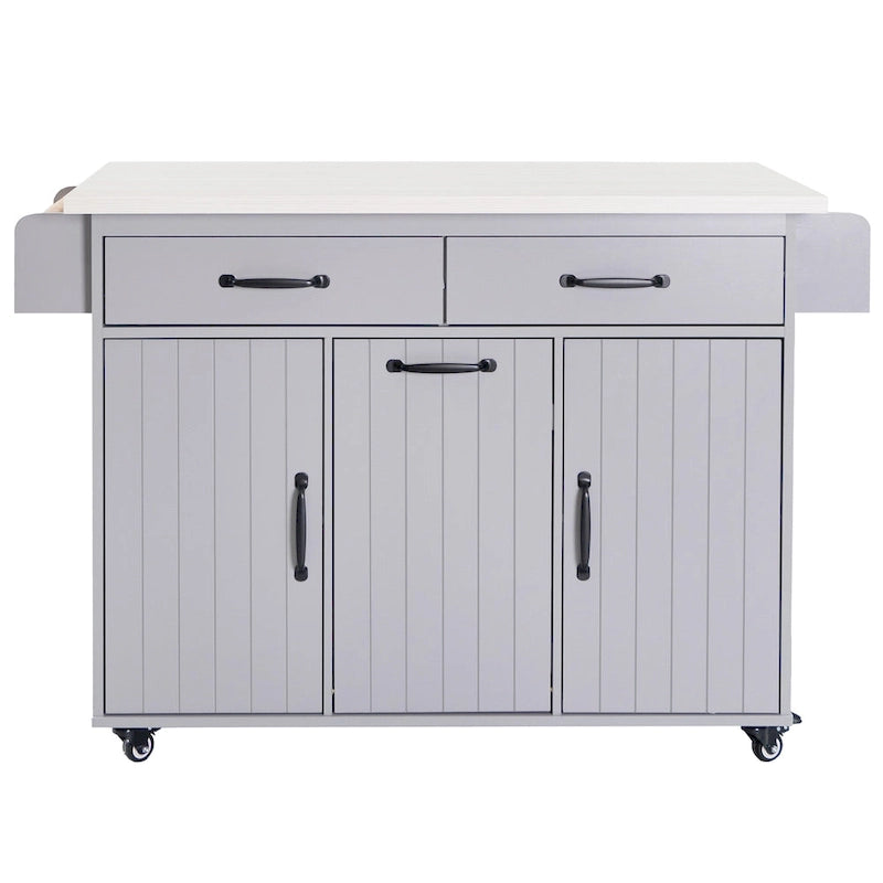 Kitchen Island with Trash Can and Drop Leaf Countertop on Wheels