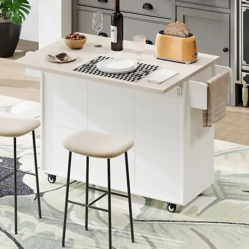 Kitchen Island with Trash Can and Drop Leaf Countertop on Wheels