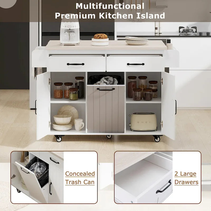 Kitchen Island with Trash Can and Drop Leaf Countertop on Wheels
