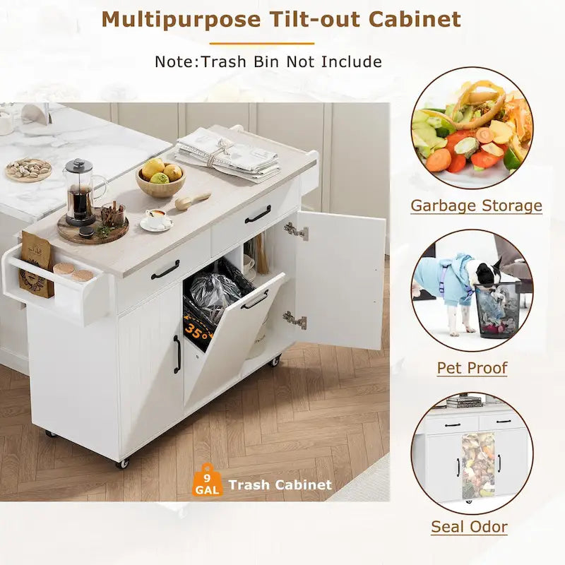 Kitchen Island with Trash Can and Drop Leaf Countertop on Wheels
