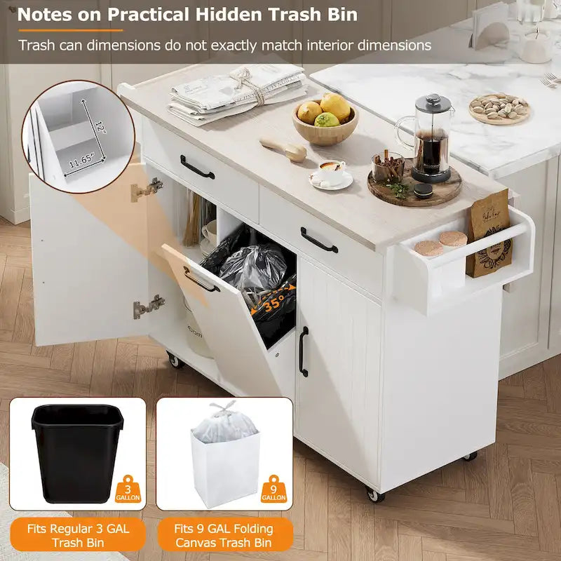 Kitchen Island with Trash Can and Drop Leaf Countertop on Wheels