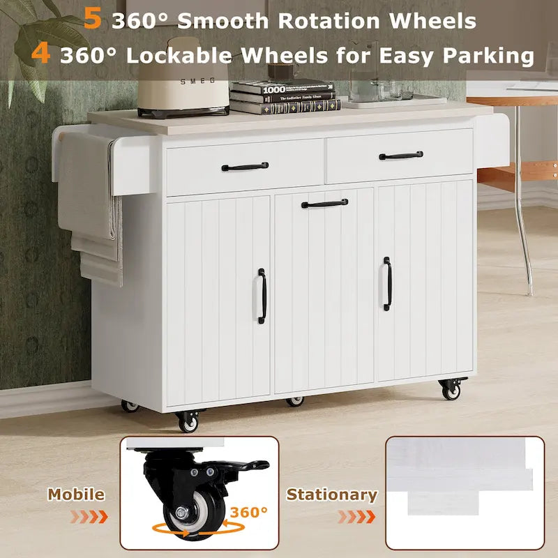 Kitchen Island with Trash Can and Drop Leaf Countertop on Wheels