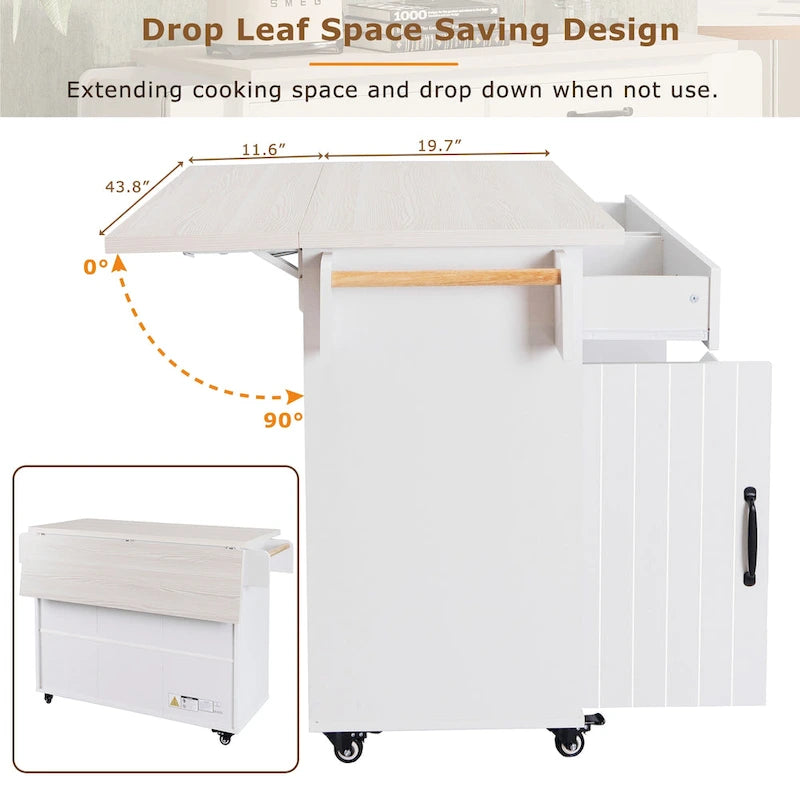 Kitchen Island with Trash Can and Drop Leaf Countertop on Wheels
