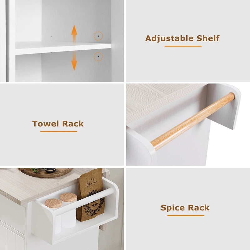 Kitchen Island with Trash Can and Drop Leaf Countertop on Wheels