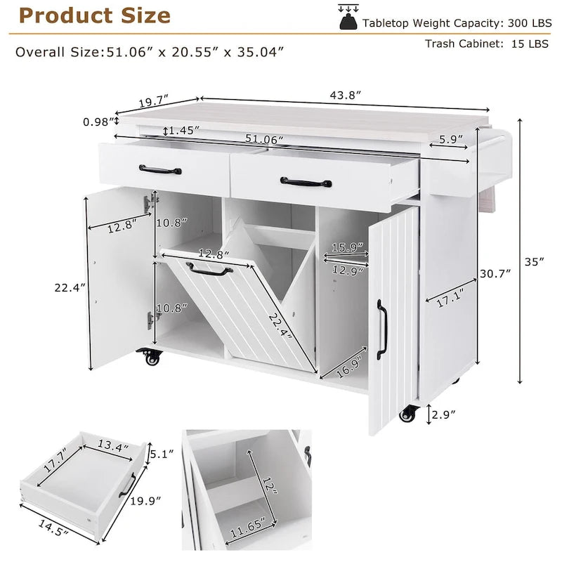 Kitchen Island with Trash Can and Drop Leaf Countertop on Wheels