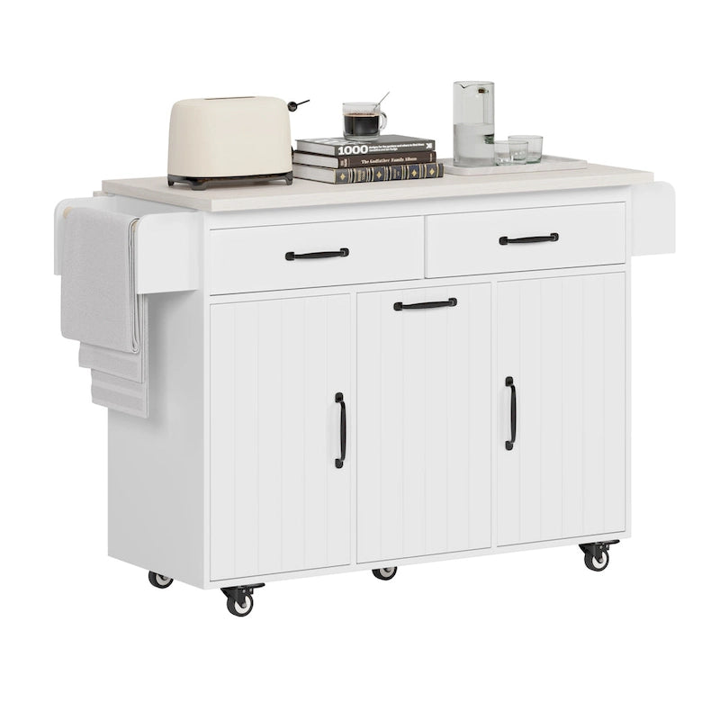 Kitchen Island with Trash Can and Drop Leaf Countertop on Wheels