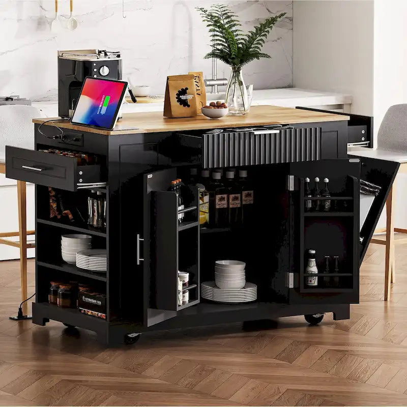 Fluted Kitchen Island with Trash Can Storage Cabinet Power Outlet and 5 Wheels