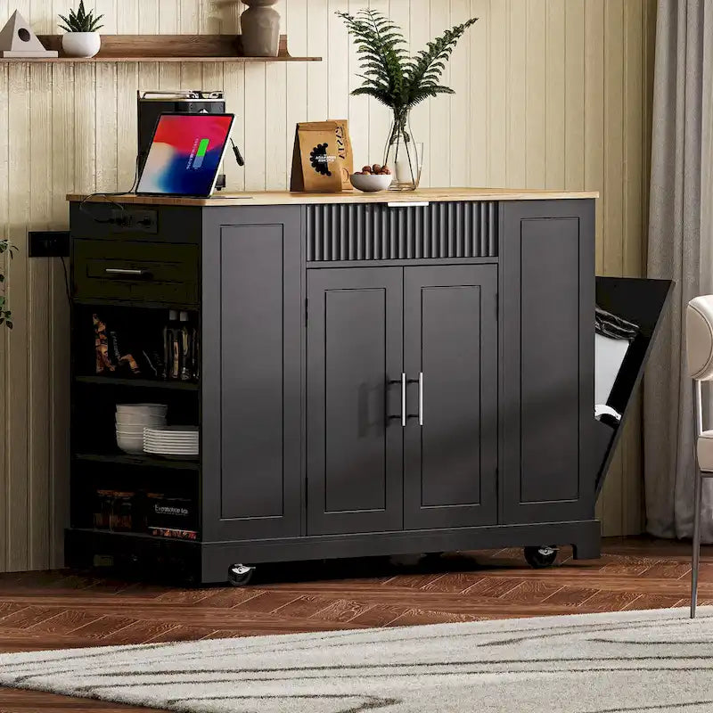 Fluted Kitchen Island with Trash Can Storage Cabinet Power Outlet and 5 Wheels