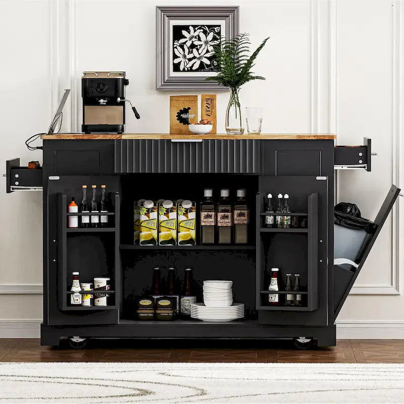 Fluted Kitchen Island with Trash Can Storage Cabinet Power Outlet and 5 Wheels