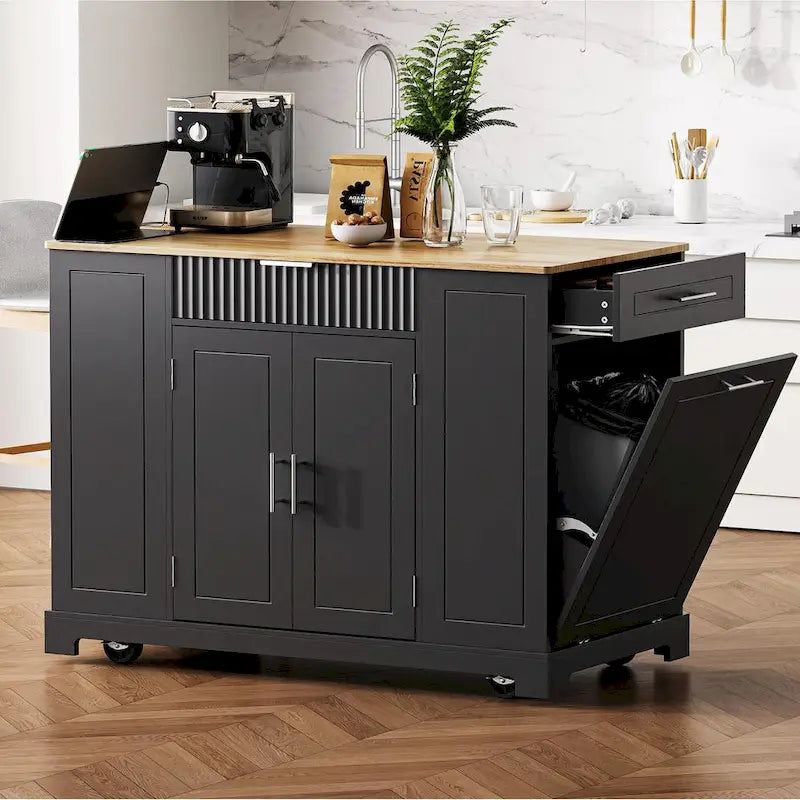 Fluted Kitchen Island with Trash Can Storage Cabinet Power Outlet and 5 Wheels