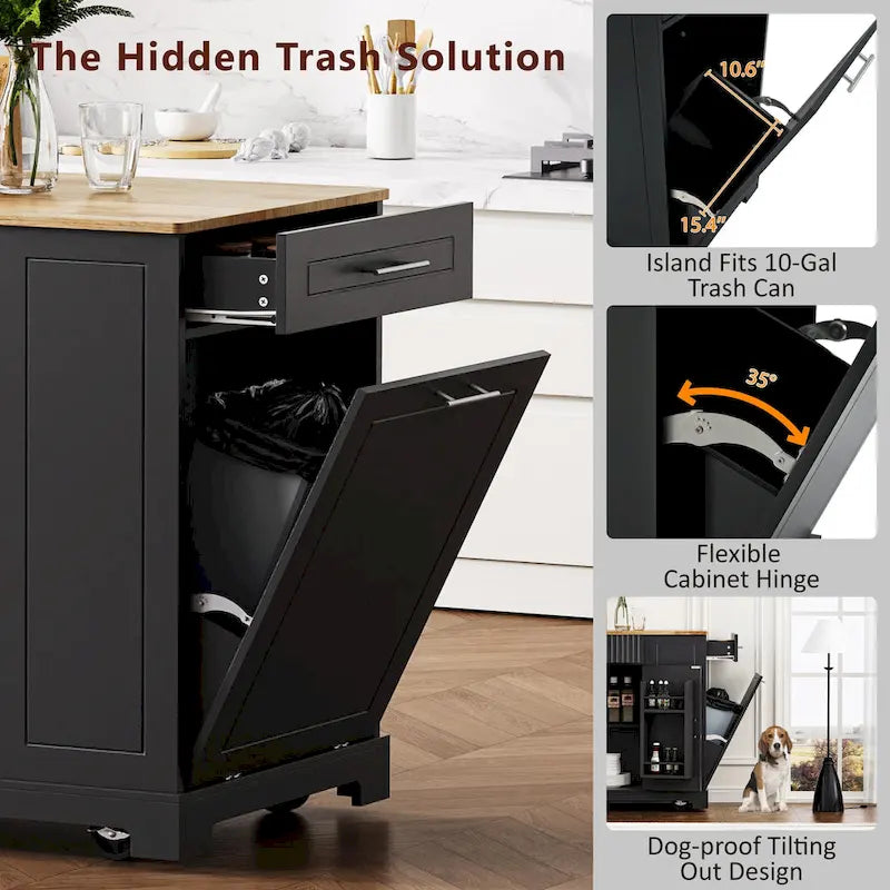 Fluted Kitchen Island with Trash Can Storage Cabinet Power Outlet and 5 Wheels