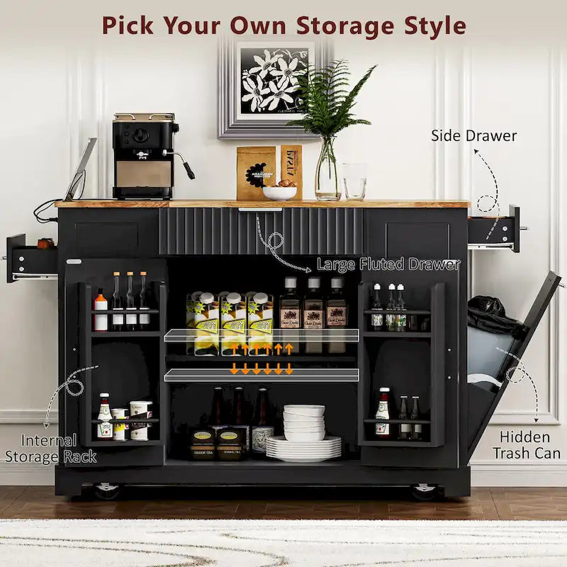 Fluted Kitchen Island with Trash Can Storage Cabinet Power Outlet and 5 Wheels
