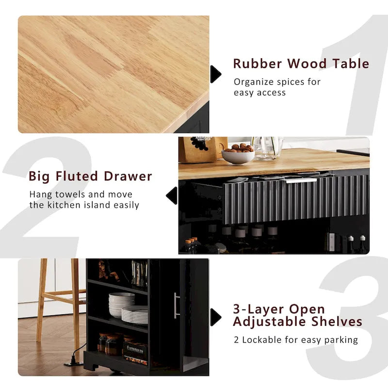 Fluted Kitchen Island with Trash Can Storage Cabinet Power Outlet and 5 Wheels