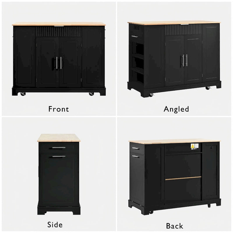 Fluted Kitchen Island with Trash Can Storage Cabinet Power Outlet and 5 Wheels
