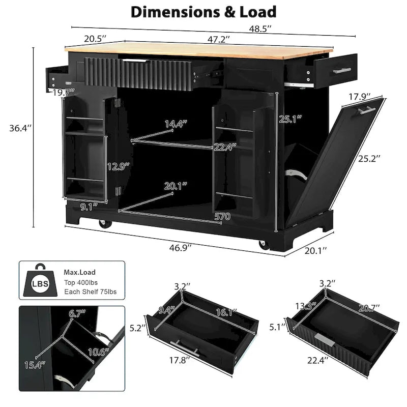 Fluted Kitchen Island with Trash Can Storage Cabinet Power Outlet and 5 Wheels