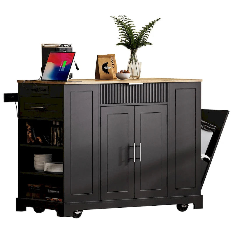 Fluted Kitchen Island with Trash Can Storage Cabinet Power Outlet and 5 Wheels