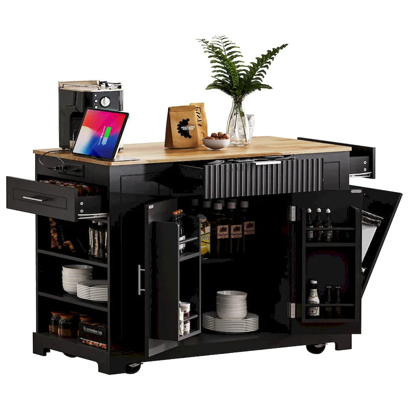 Fluted Kitchen Island with Trash Can Storage Cabinet Power Outlet and 5 Wheels