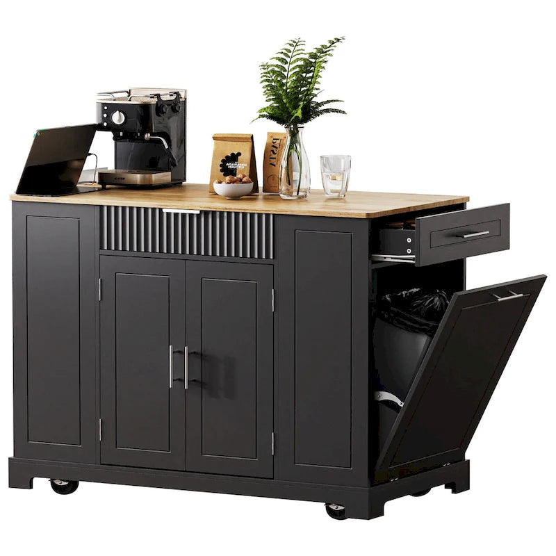 Fluted Kitchen Island with Trash Can Storage Cabinet Power Outlet and 5 Wheels