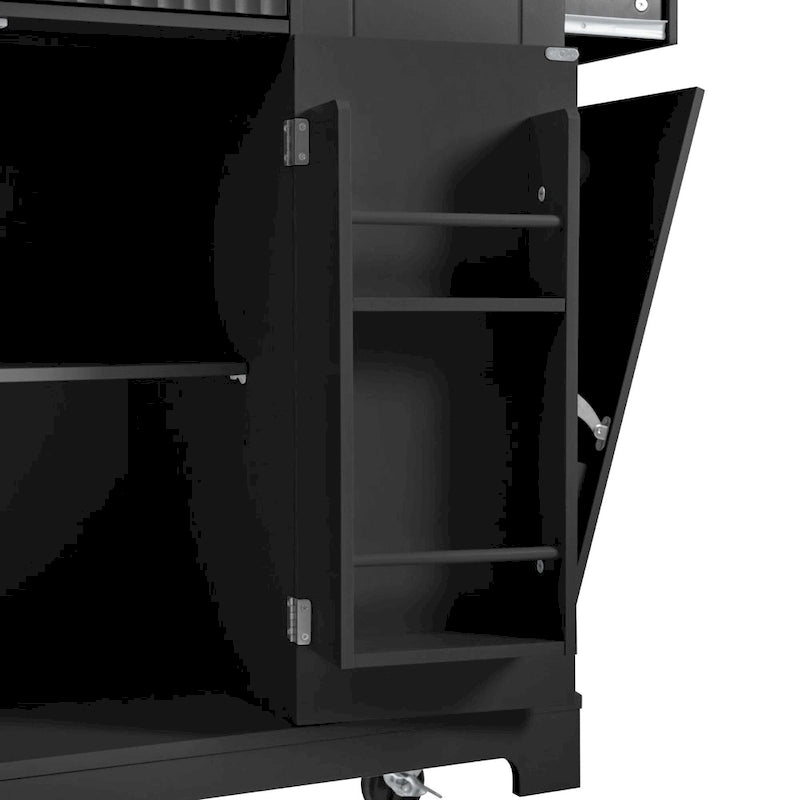 Fluted Kitchen Island with Trash Can Storage Cabinet Power Outlet and 5 Wheels