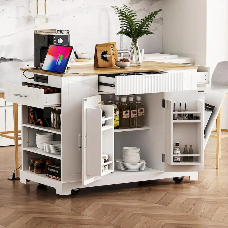 Fluted Kitchen Island with Trash Can Storage Cabinet Power Outlet and 5 Wheels