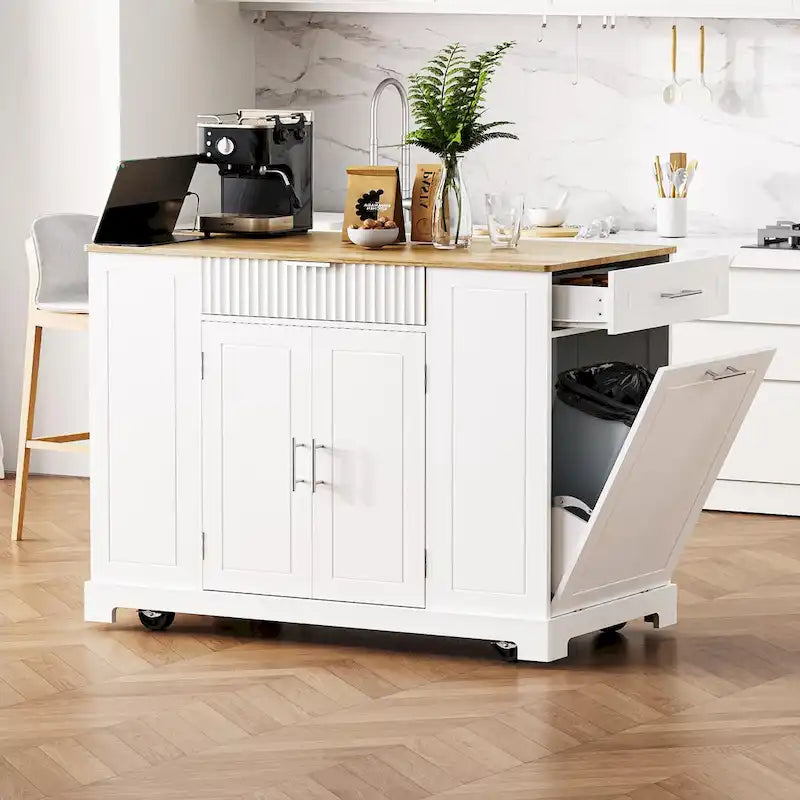 Fluted Kitchen Island with Trash Can Storage Cabinet Power Outlet and 5 Wheels