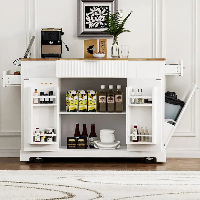Fluted Kitchen Island with Trash Can Storage Cabinet Power Outlet and 5 Wheels