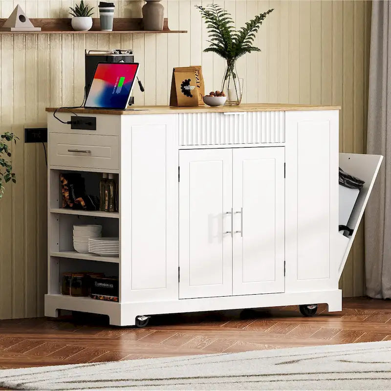 Fluted Kitchen Island with Trash Can Storage Cabinet Power Outlet and 5 Wheels